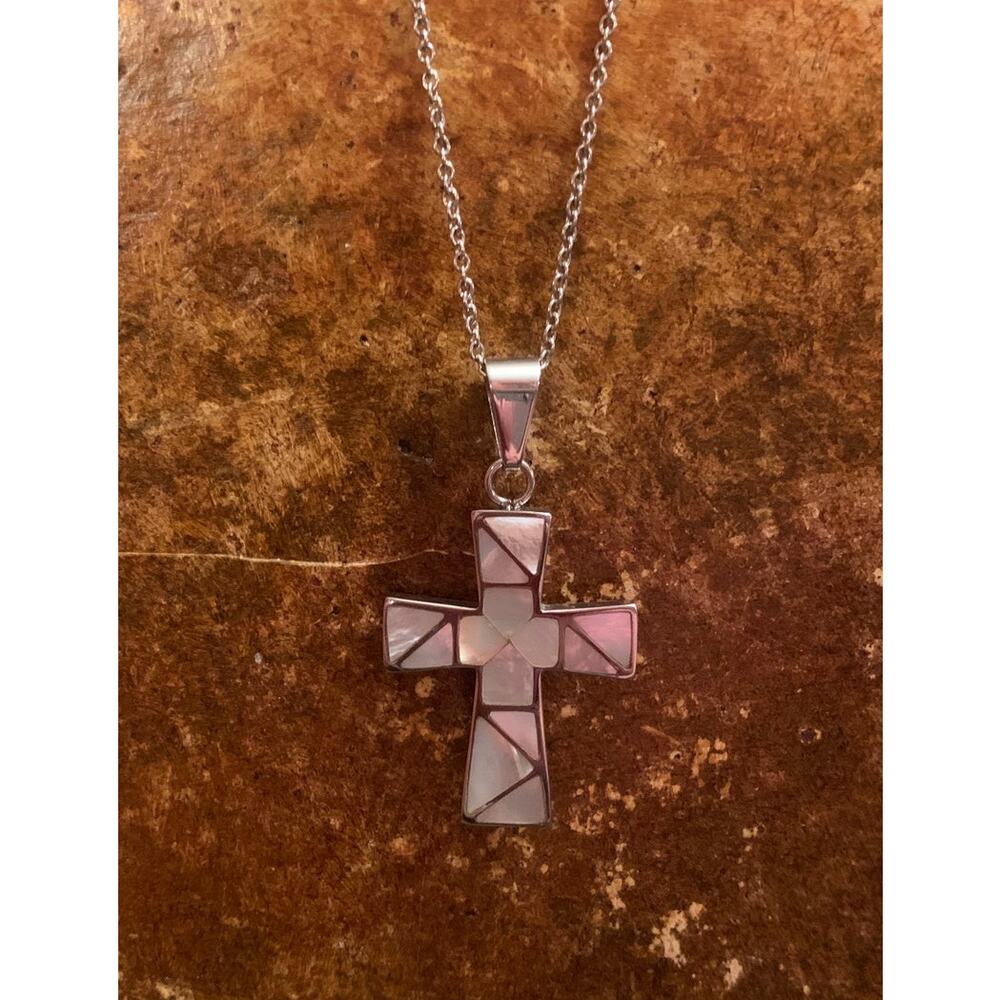 Stainless Steel Cross  and Mother of Pearl Necklace